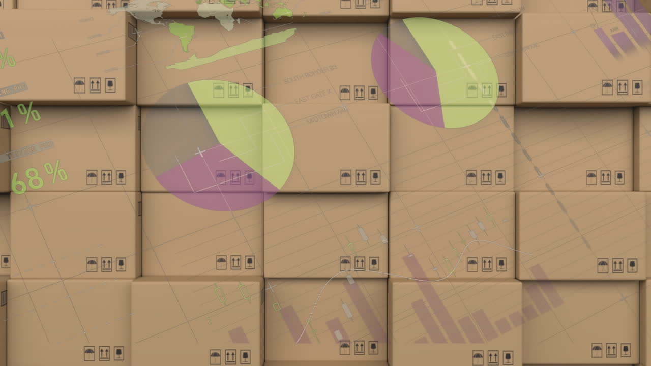 배경에 있는 카드보드 상자  ⁇ 어리 위에서 통계 처리의 애니메이션