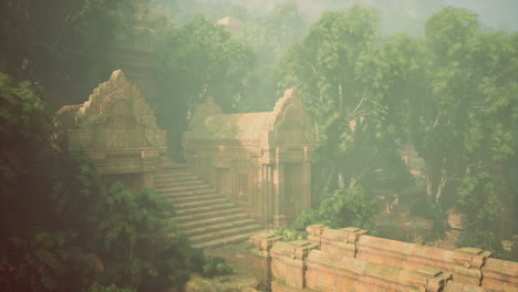 ancient temple ruins overgrown by jungle in fog