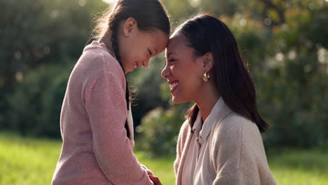 happy, love and mother with daughter in park