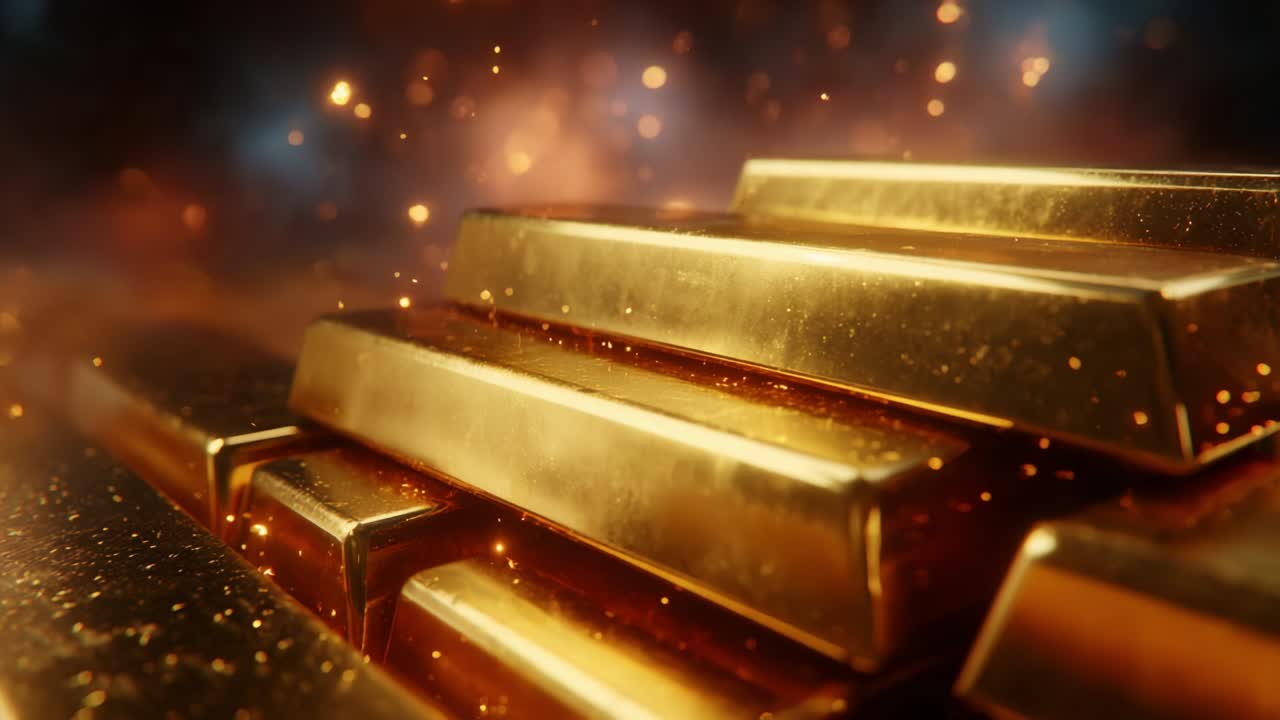A Glinting Stack of Gold Bars Captured in Glorious Detail: The Reflection of Luxurious Metal Surrounded by Sparkling Particles, Showcasing Wealth and Opulence in a Captivating Visual Presentation