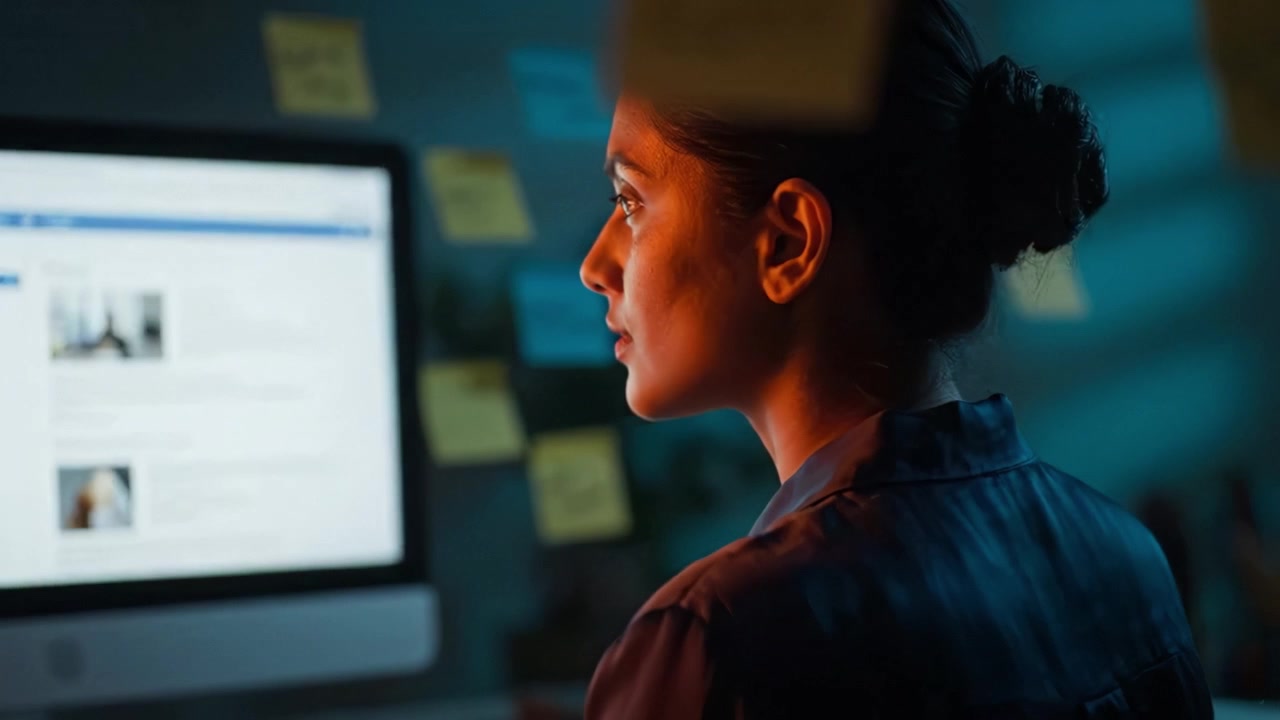 Focused Individual Analyzing Information on a Computer Screen Surrounded by Colorful Sticky Notes in a Dimly Lit Environment, Evoking Intrigue and Concentration