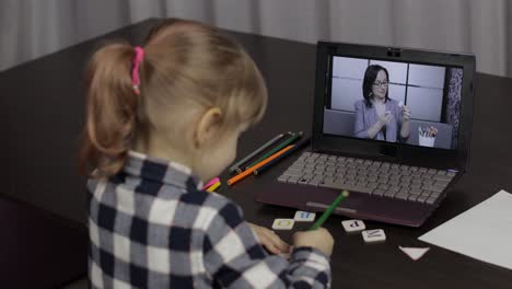 girl distance education lesson with woman teacher, using digital laptop at home