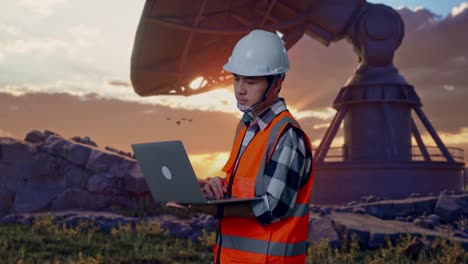 side view of asian male engineer with safety helmet working on a laptop while standing with large satellite dish