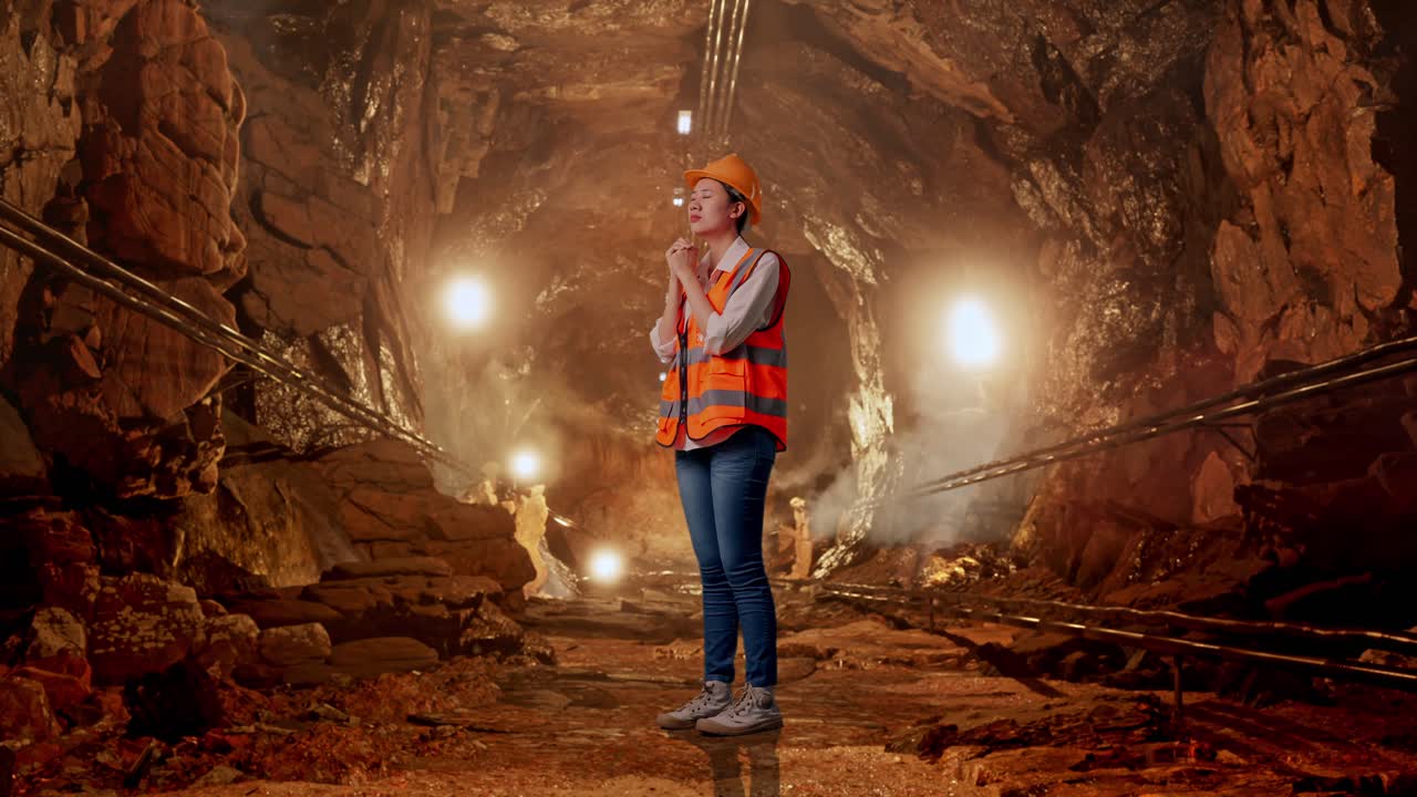 Concerned Miner in Underground Tunnel