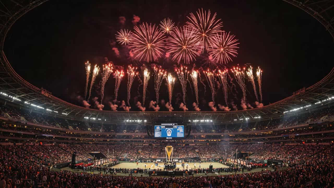 A Stunning Finale: Fireworks Illuminate the Night Sky Above a Packed Stadium Celebrating Victory at a Major Sporting Event, Creating an Unforgettable Atmosphere