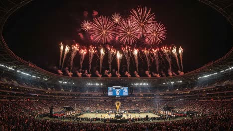 a stunning finale: fireworks illuminate the night sky above a packed stadium celebrating victory at a major sporting event, creating an unforgettable atmosphere