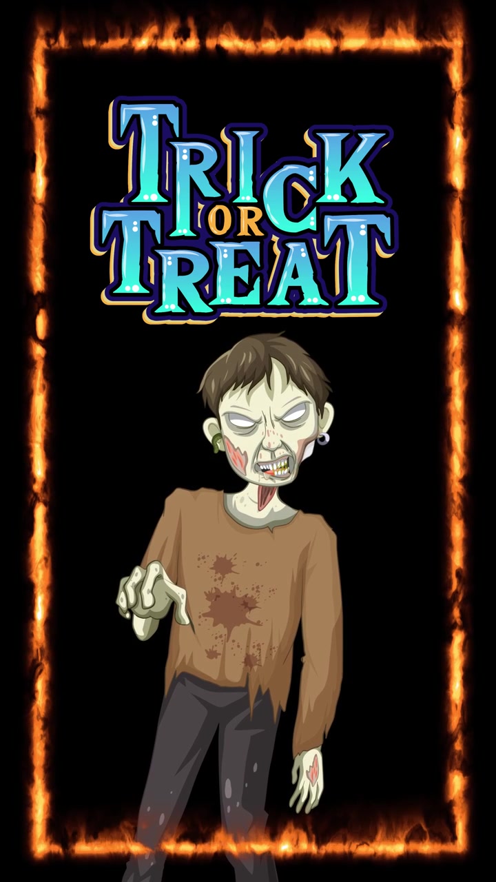 Cartoon zombie character floats inside a burning rectangular frame with stylized holiday text overlay.