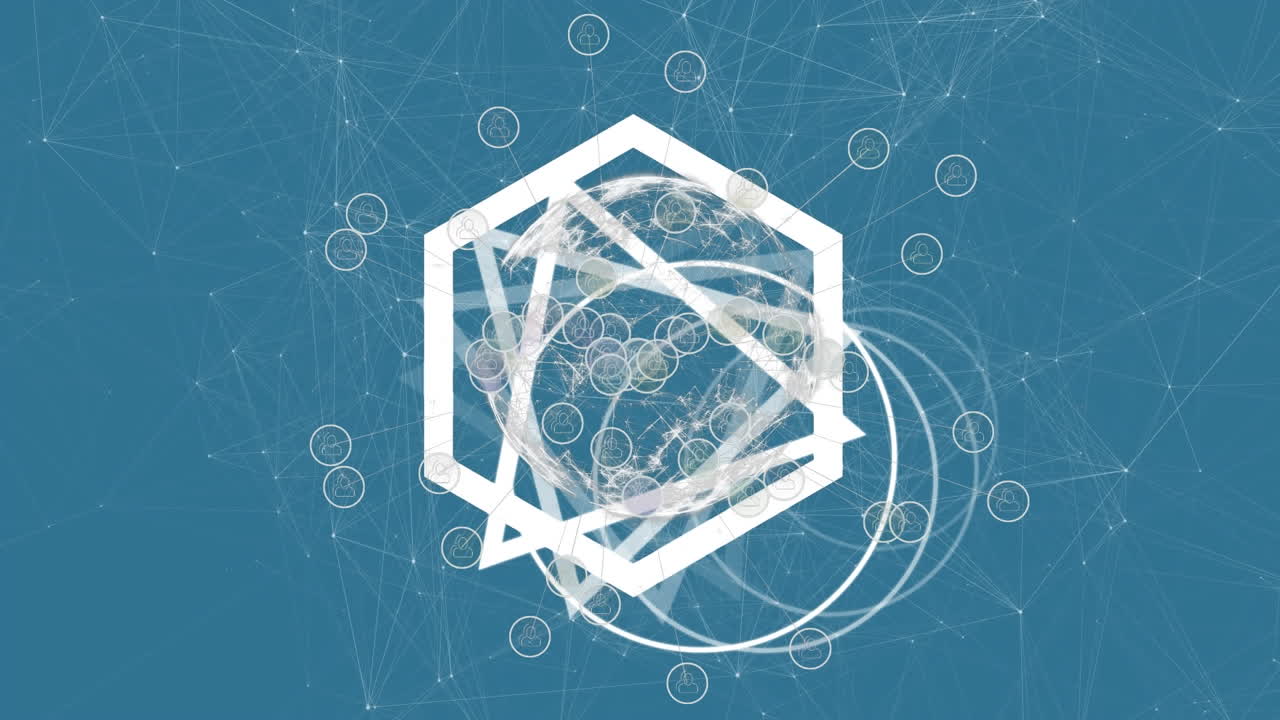 파란색 배경 위의 연결 네트워크와 함께 모양의 애니메이션