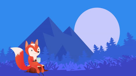 animación de un zorro bebiendo con la luna llena en el paisaje.