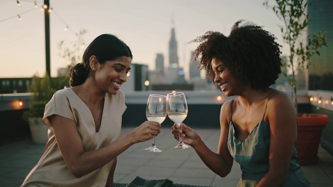 Clinking wine glasses during sunset, two women in satin top and green dress celebrating on rooftop