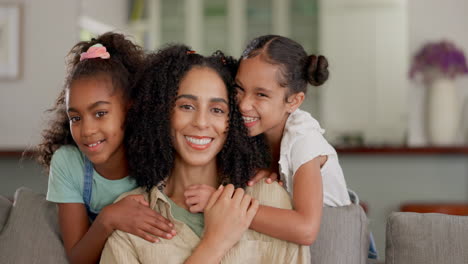 love, happy and face of kids hugging their mom