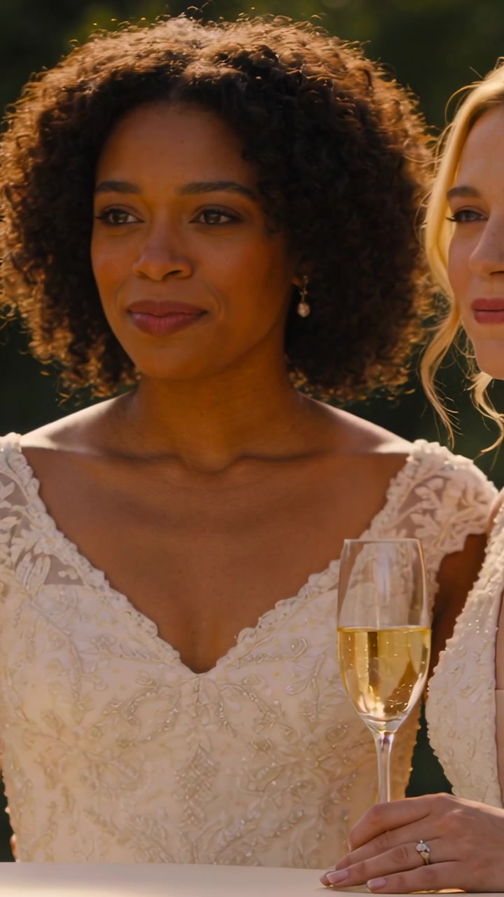 Video verticale: Brindisi che inizia con una sposa sorridente che tiene un calice di champagne al ricevimento, in abito di pizzo