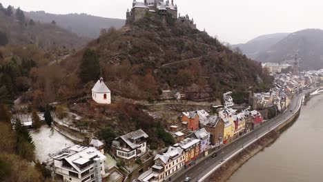 Aerial-drone-of-German-river-village---graded