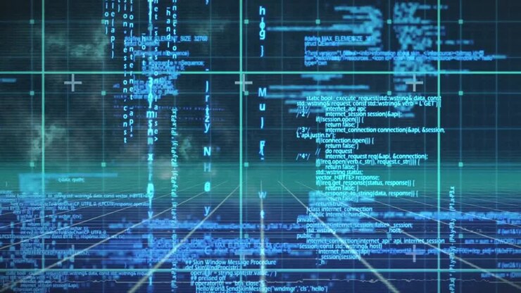 Animation of data processing over grid network against blue background