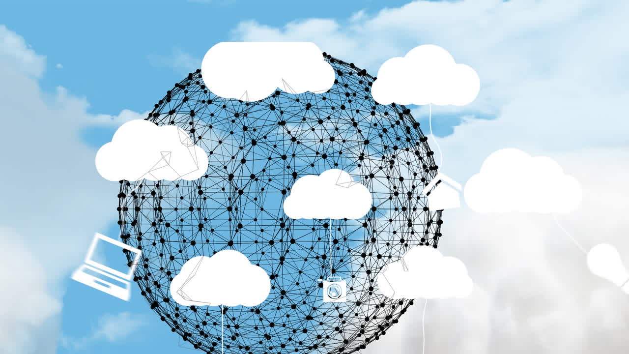 Animation of cloud icons and globe over cloudy sky