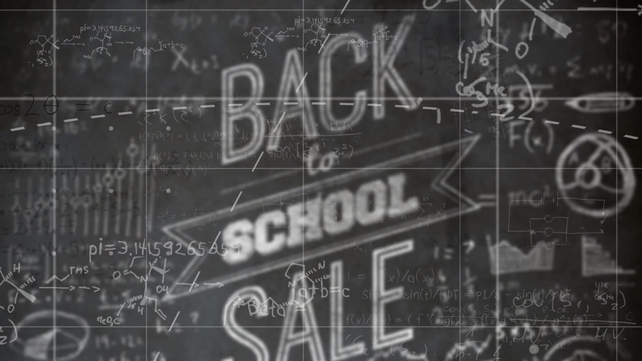 Su una lavagna che si anima all'avvio, mostrando i saldi per il ritorno a scuola con pi greco, algebra, molecole e una linea grafica.
