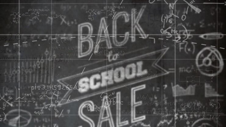 On start chalkboard animating back-to-school sale showing pi, algebra, molecules and graph line