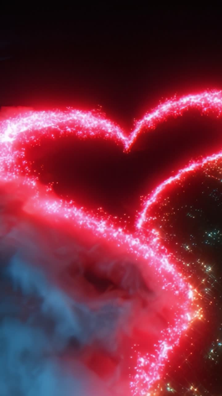 Una forma di cuore luminosa emerge con luci scintillanti e tonalità fantasiose, catturando emozione e amore in una splendida esposizione di luce e colore.