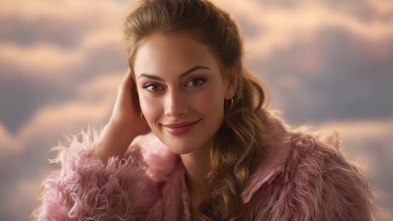 Un ritratto accattivante di una giovane donna con un soffice cappotto rosa e uno sfondo etereo e nuvoloso, che esprime emozioni dalla riflessione all'allegria.