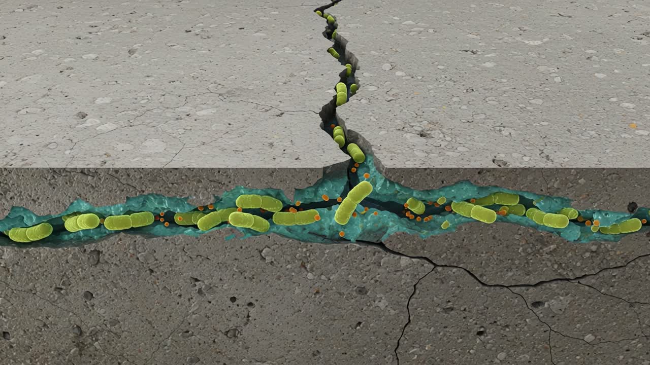 Visual Representation of Microbial Life in Cracks of Concrete, Highlighting the Interaction Between Bacteria and Urban Infrastructure Over Time