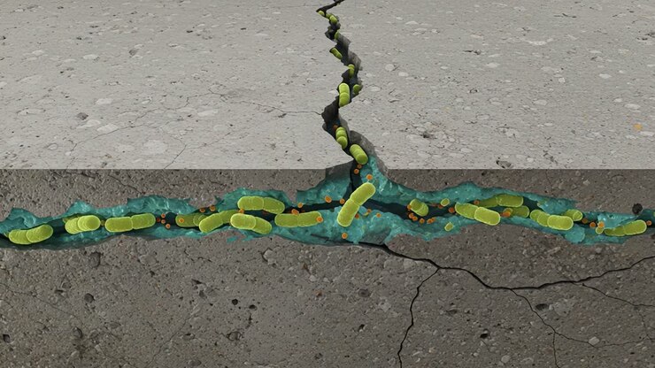 Visual Representation of Microbial Life in Cracks of Concrete, Highlighting the Interaction Between Bacteria and Urban Infrastructure Over Time