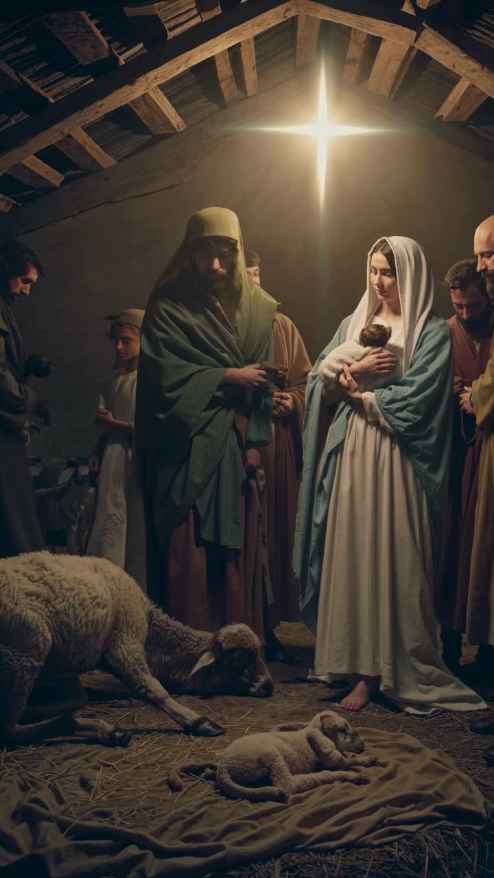 Una serena scena della natività ripresa da un angolo basso, che mostra un caldo stile cinematografico che ricorda