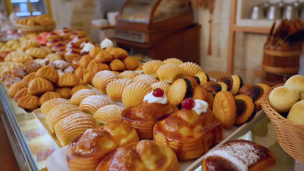 A vibrant display of various pastries and sweets in a bakery