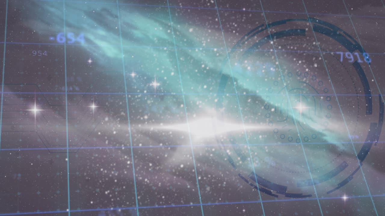 Berkas cahaya terang desain datar mengalir melalui awan nebula pirus, menampilkan pengukur dan kisi HUD melingkar.