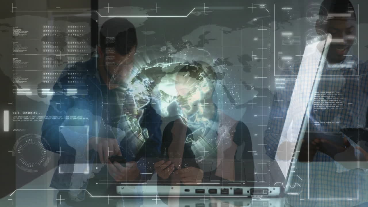 Tech professionals collaborating around laptop, integrating holographic globe data streams