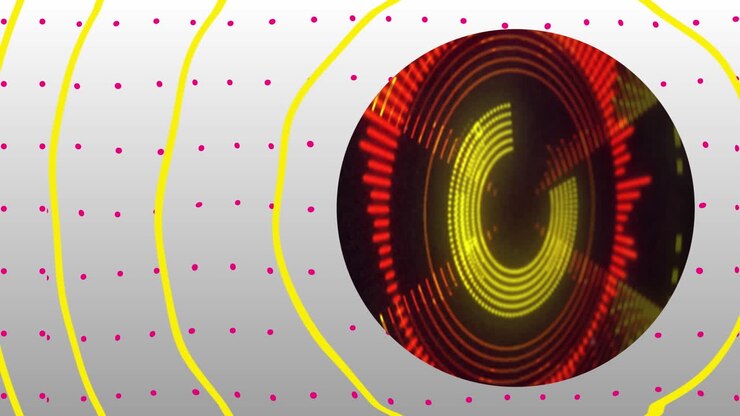 Animazione di forme astratte e punti rossi su sfondo neon luminoso e rotante