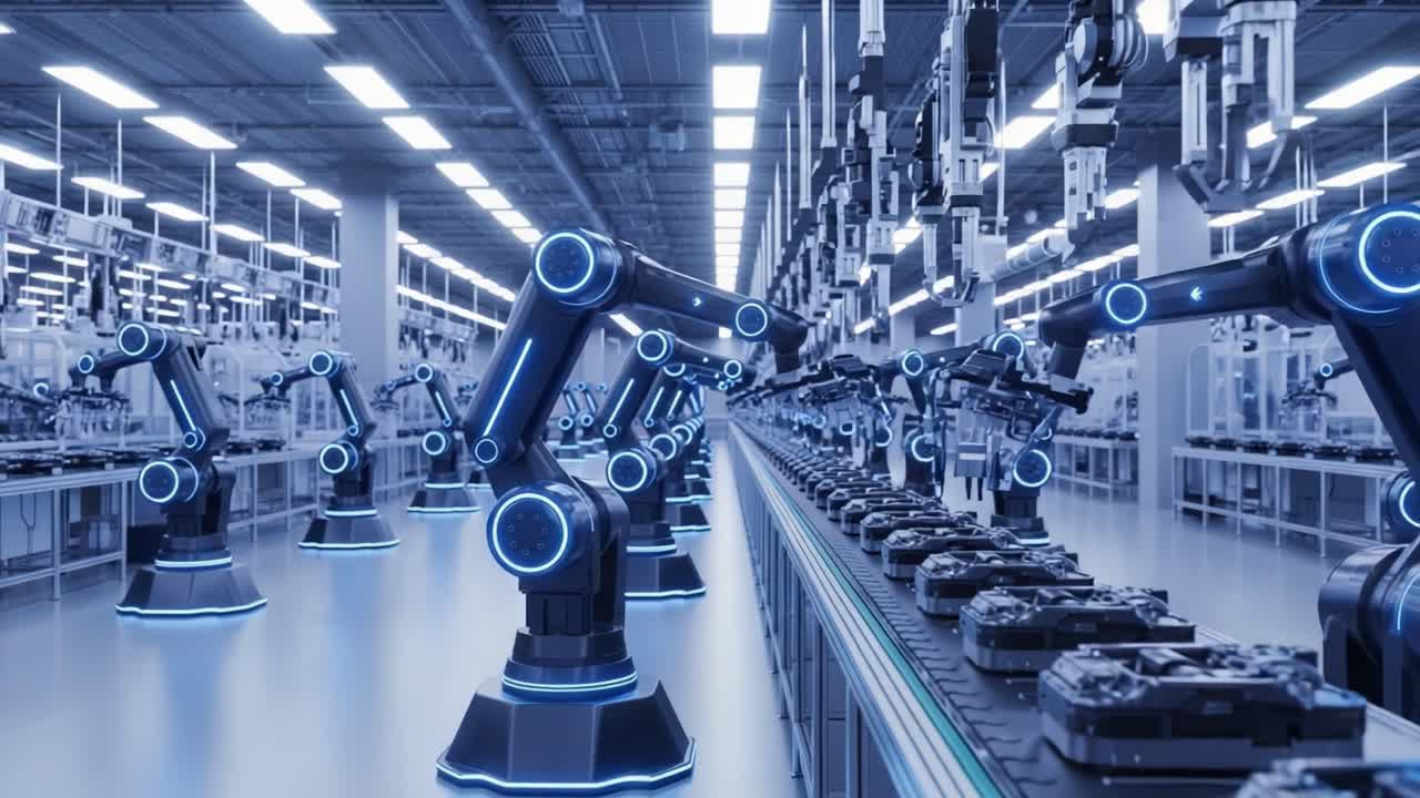 Advanced Automation: A High-Tech Production Line Featuring Robotic Arms Efficiently Assembling Components in a Modern Industrial Setting