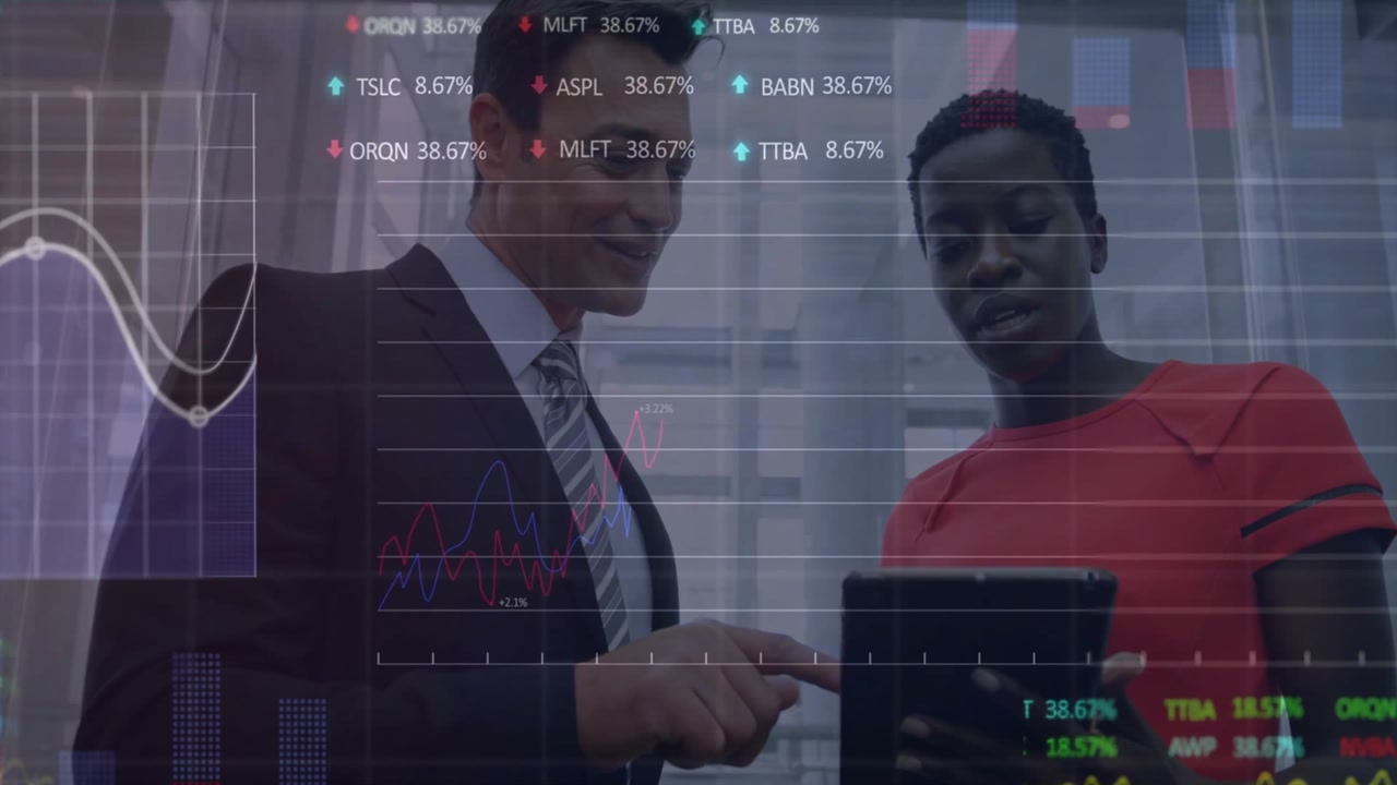 Businessman tapping tablet activating finance overlays as analyst tilting screen to analyze stocks