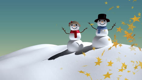 Animation-of-stars-falling-over-snowmen-in-winter-scenery