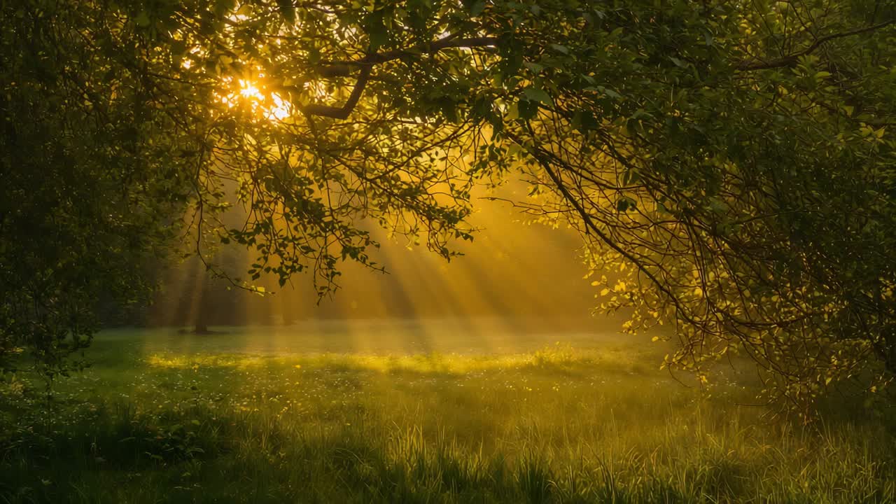 Rising sun and sunlit canopy casting golden beams across meadow edge, revealing soft mist