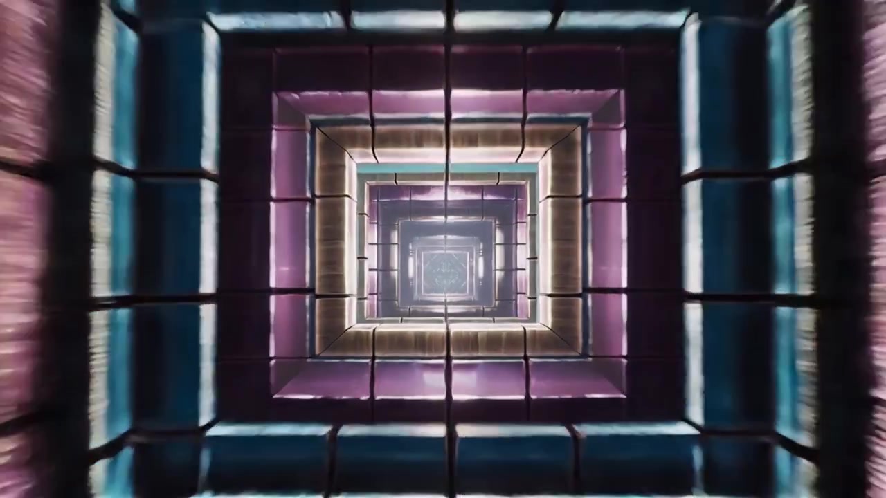Moving camera revealing hexagon and square frames in mirrored tunnel, emphasizing depth with LEDs
