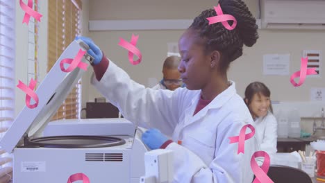 animation of pink breast cancer ribbons falling over group of working doctors