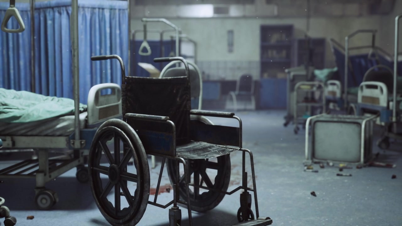 Sedia a rotelle solitaria accanto a un letto d'ospedale vuoto in penombra