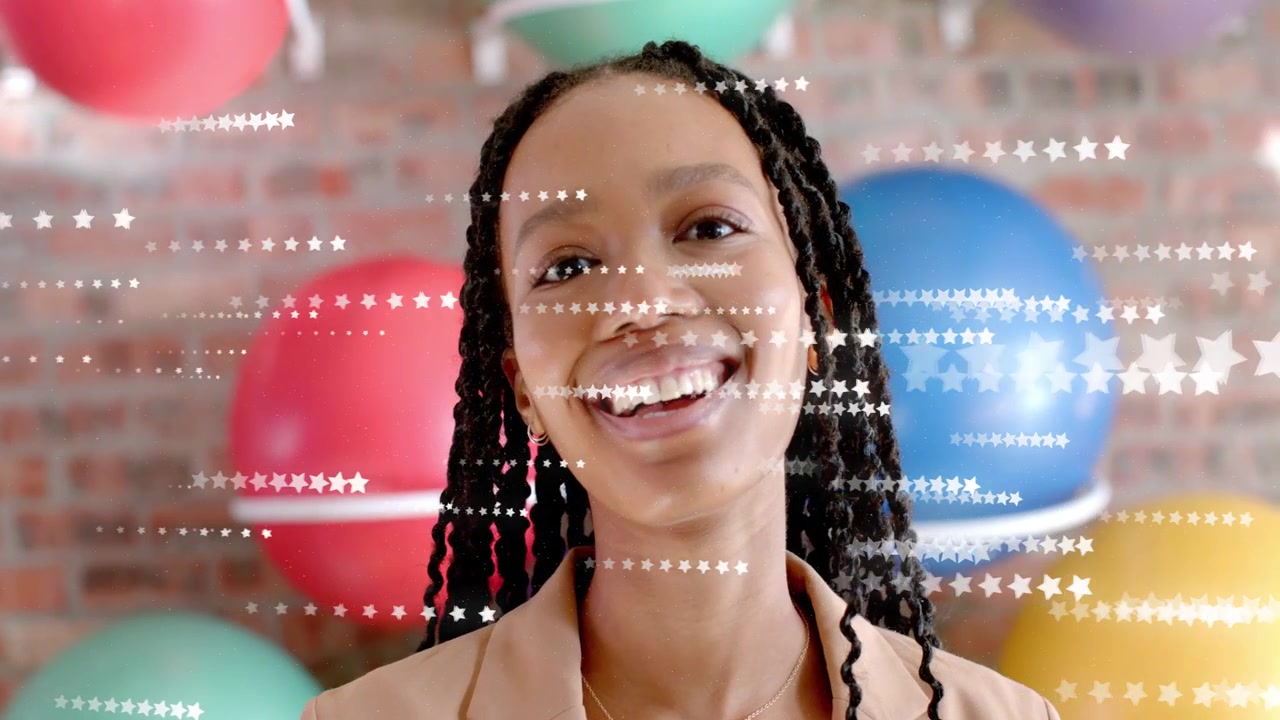 Adult woman smiling at star overlay sweeping across face and exercise balls, showing fitness