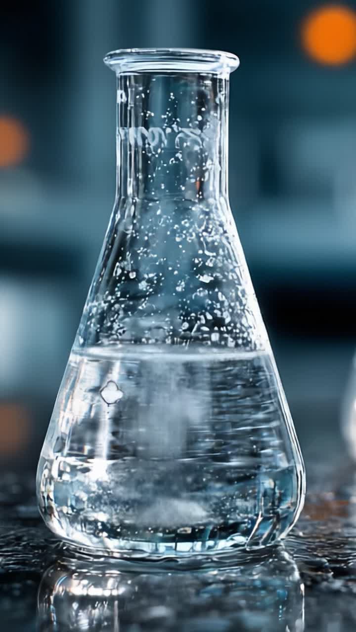 Splendide sequenze di vetreria: affascinante primo piano di un matraccio da laboratorio riempito con liquido trasparente e catturato con ricchi dettagli.