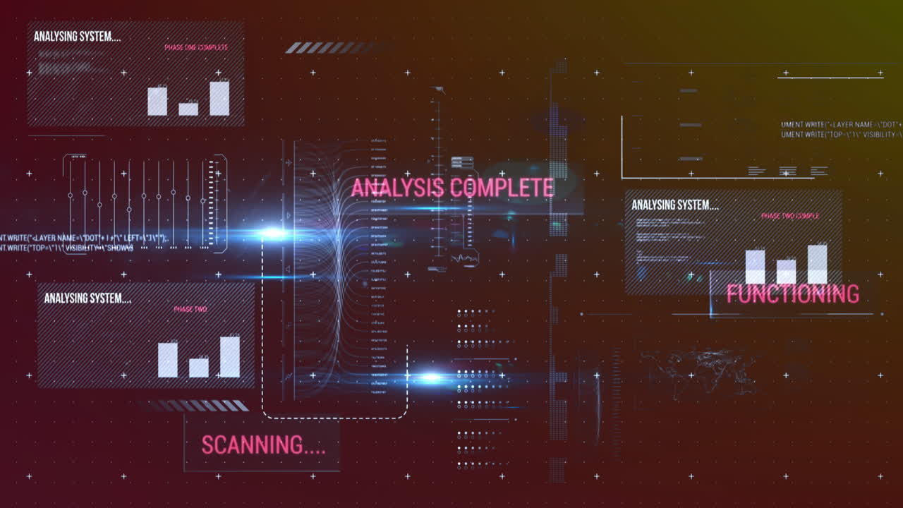 Animation of interface with data processing and blue light spots against grey background