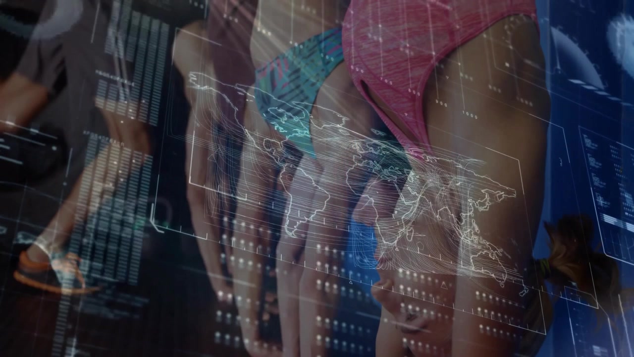Competitive swimmers stepping onto blocks activating 3D map and data overlay for sports analytics