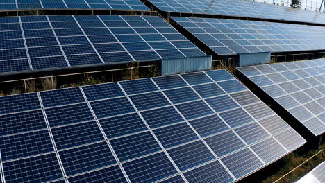 blue sunny batteries on field in bright day. innovative solar panels receive clean eco energy from the sun. camera rising up.