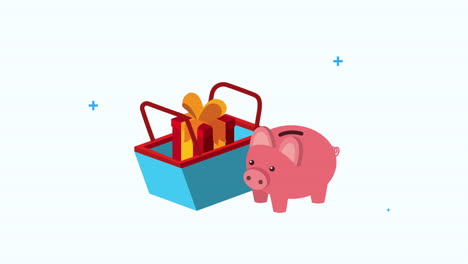 servicio de comercialización comercial con cesta de compras y regalo