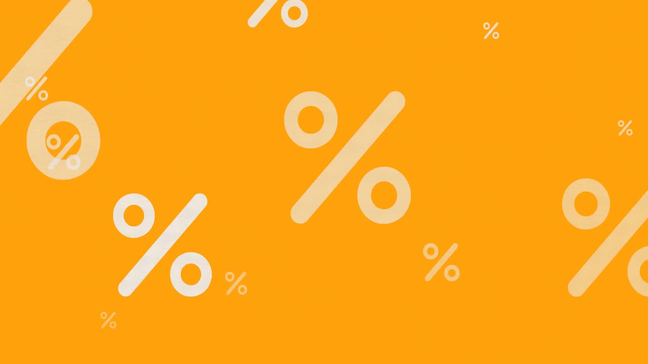 animación de iconos de porcentaje blanco en línea que se mueven sobre fondo amarillo