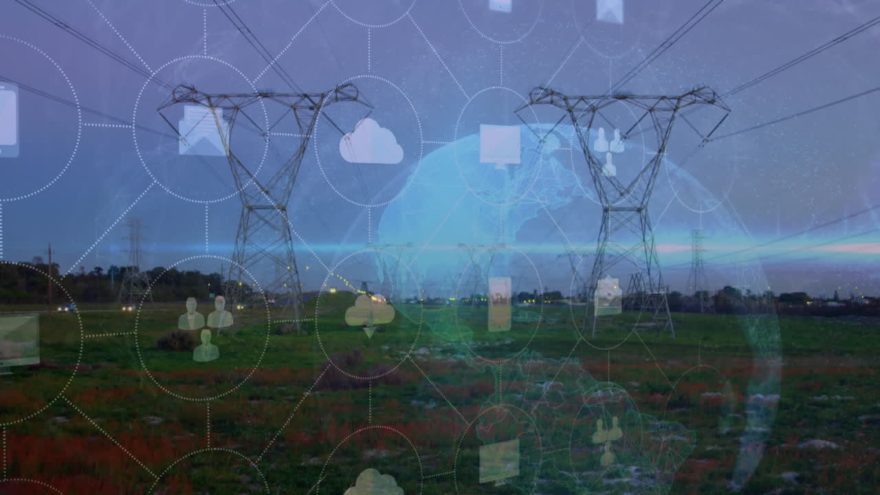 Animation of network of connections with icons and globe over electricity pylons