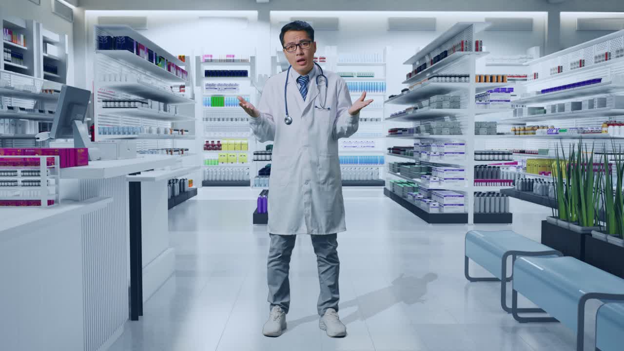 스테토스코프를 든 아시아 남성 의사의 몸이 가득 차 있고, 당황한 몸짓을 하고 약국에서 뭐라고 말하고 있습니다.