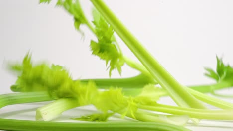 Crispy-green-celery-stalks-hit-white-table-top-and-vibrate-in-slow-motion-before-falling-into-a-pile