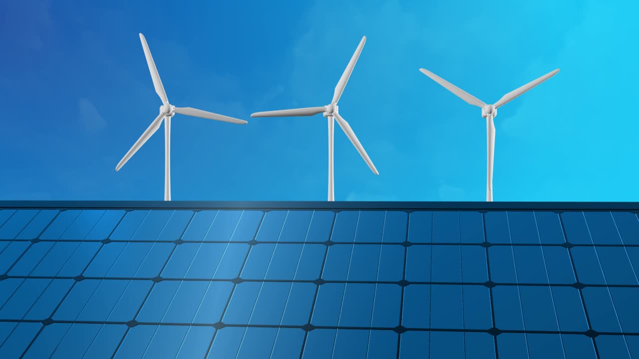 태양 전지 텍스처와 풍력 터빈을 가진 태양 패널은 발전소 루프 배경입니다.