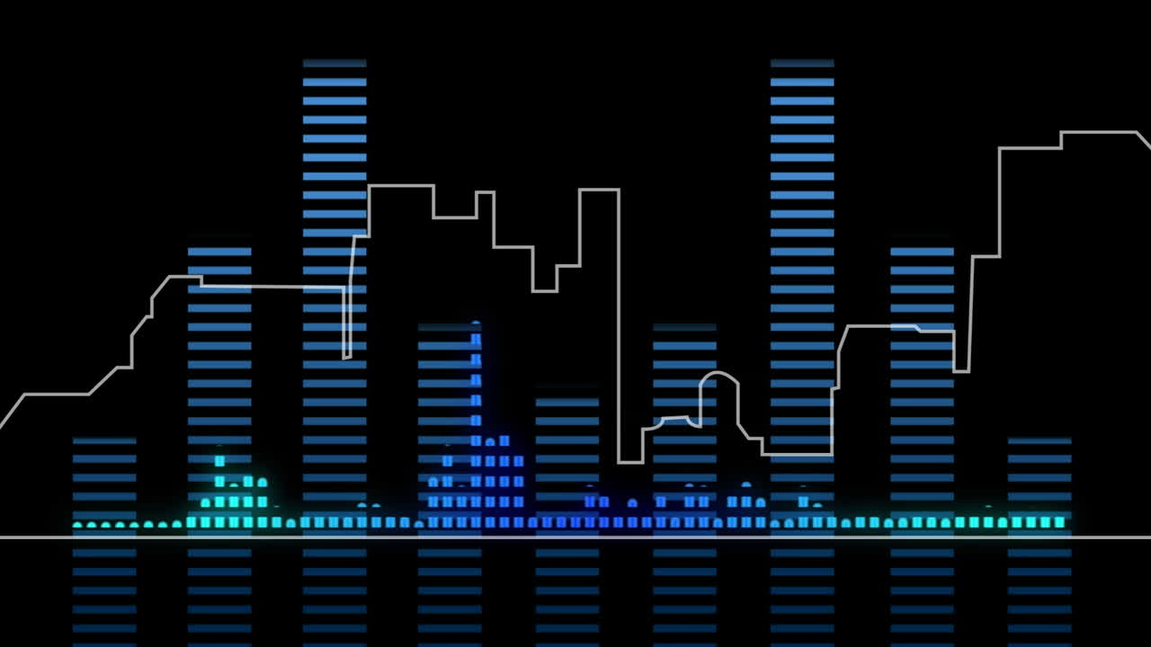 도시 풍경 위의 스크린에서 데이터 처리의 비디오