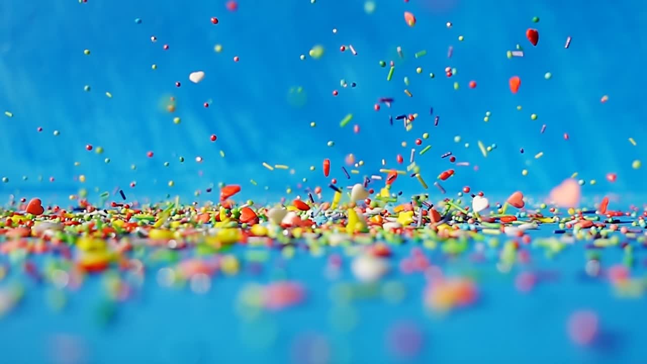 Dolcetti topping multicolori di forme diverse cadono su un tavolo su uno sfondo blu. Video 4k al rallentatore, luminoso e divertente